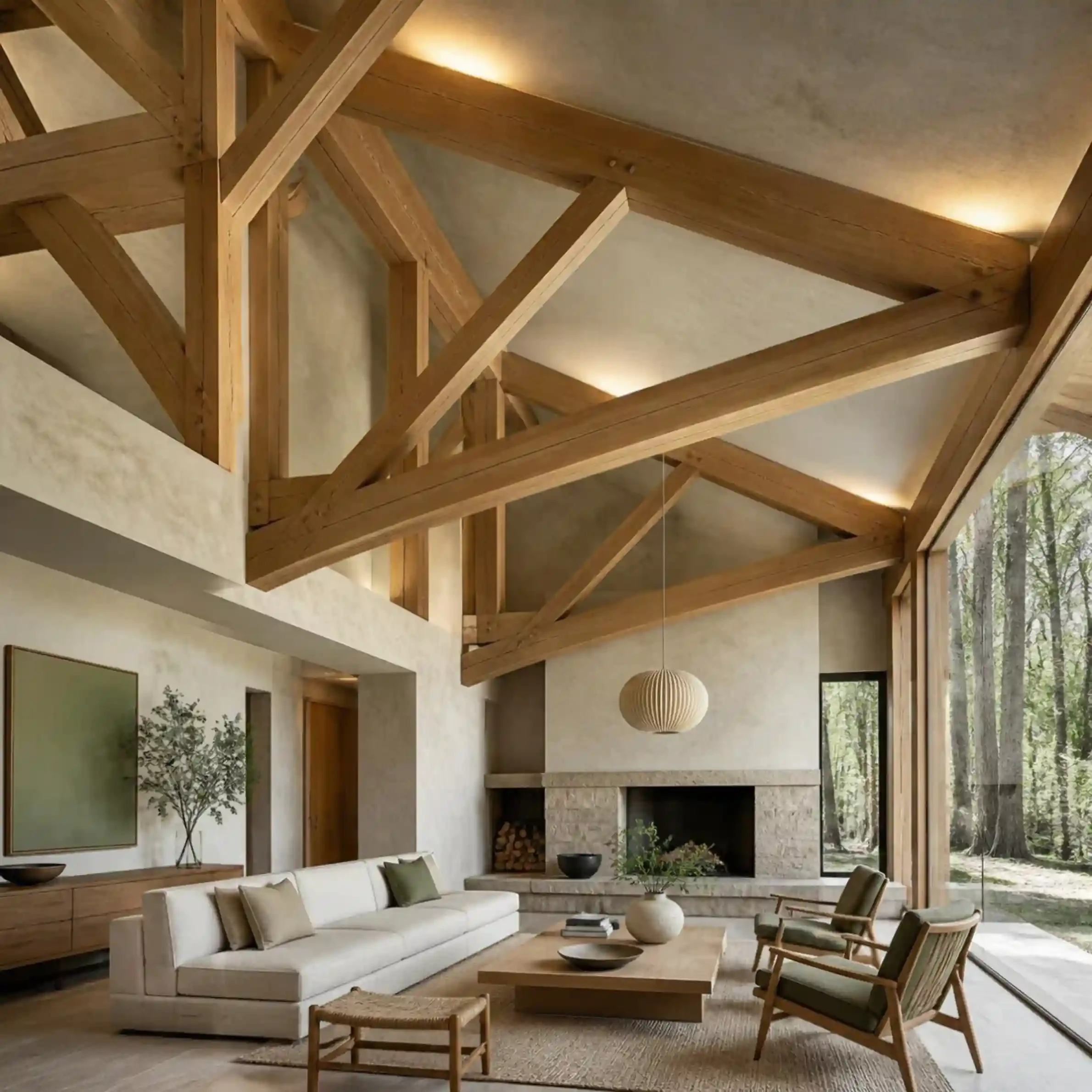 Wood-look decorative trusses spaced evenly across a vaulted great-room ceiling