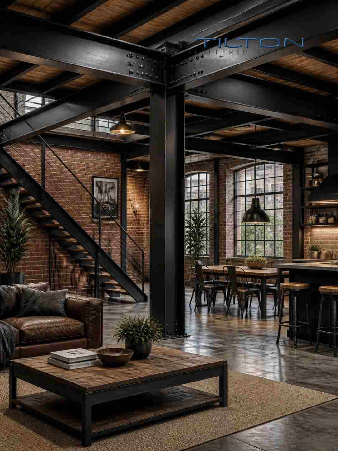 Industrial loft interior with exposed faux steel ceiling beams