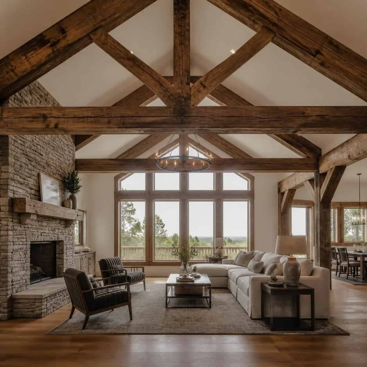 Rustic decorative wood truss on a vaulted great-room ceiling