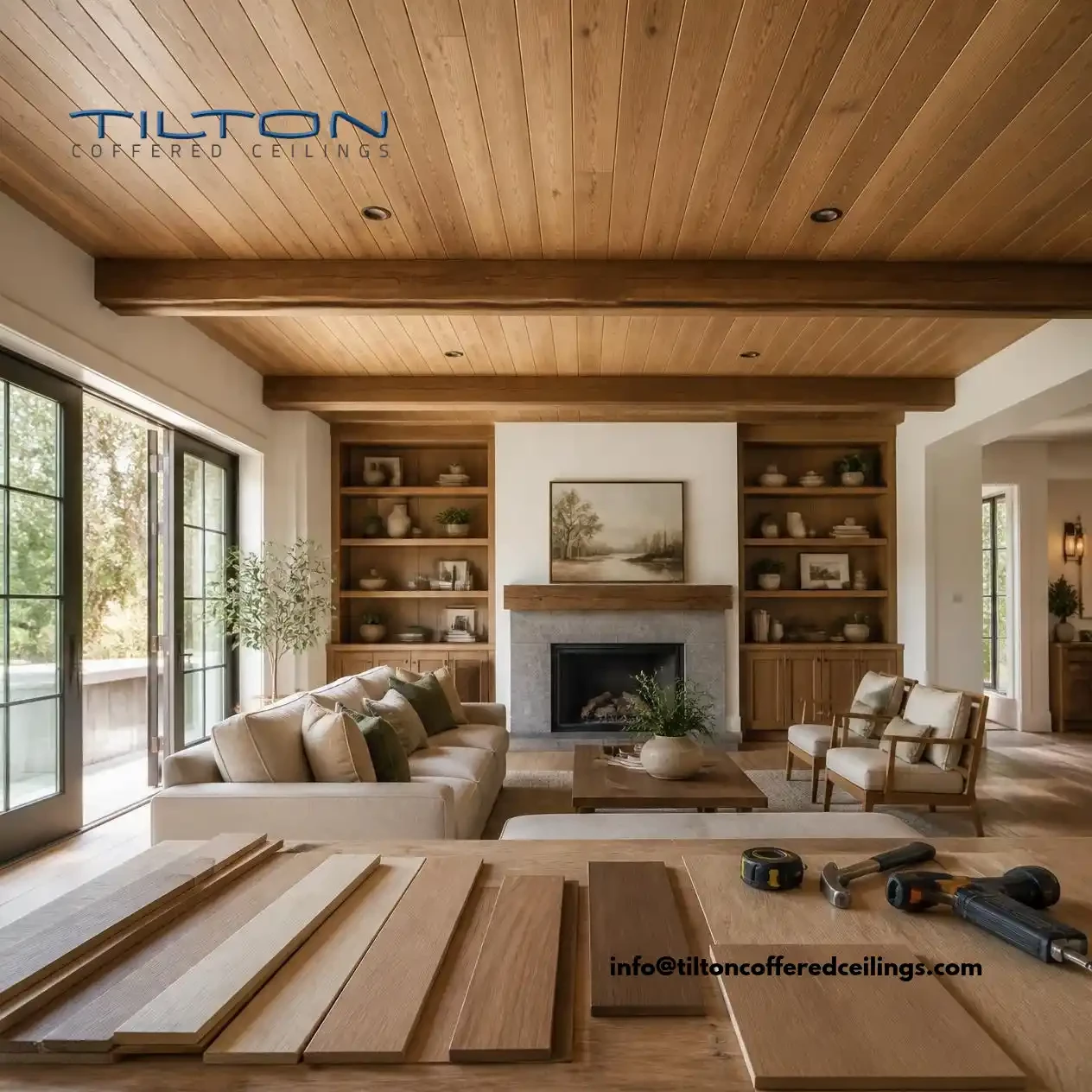 Natural wood tongue and groove plank ceiling above a living room